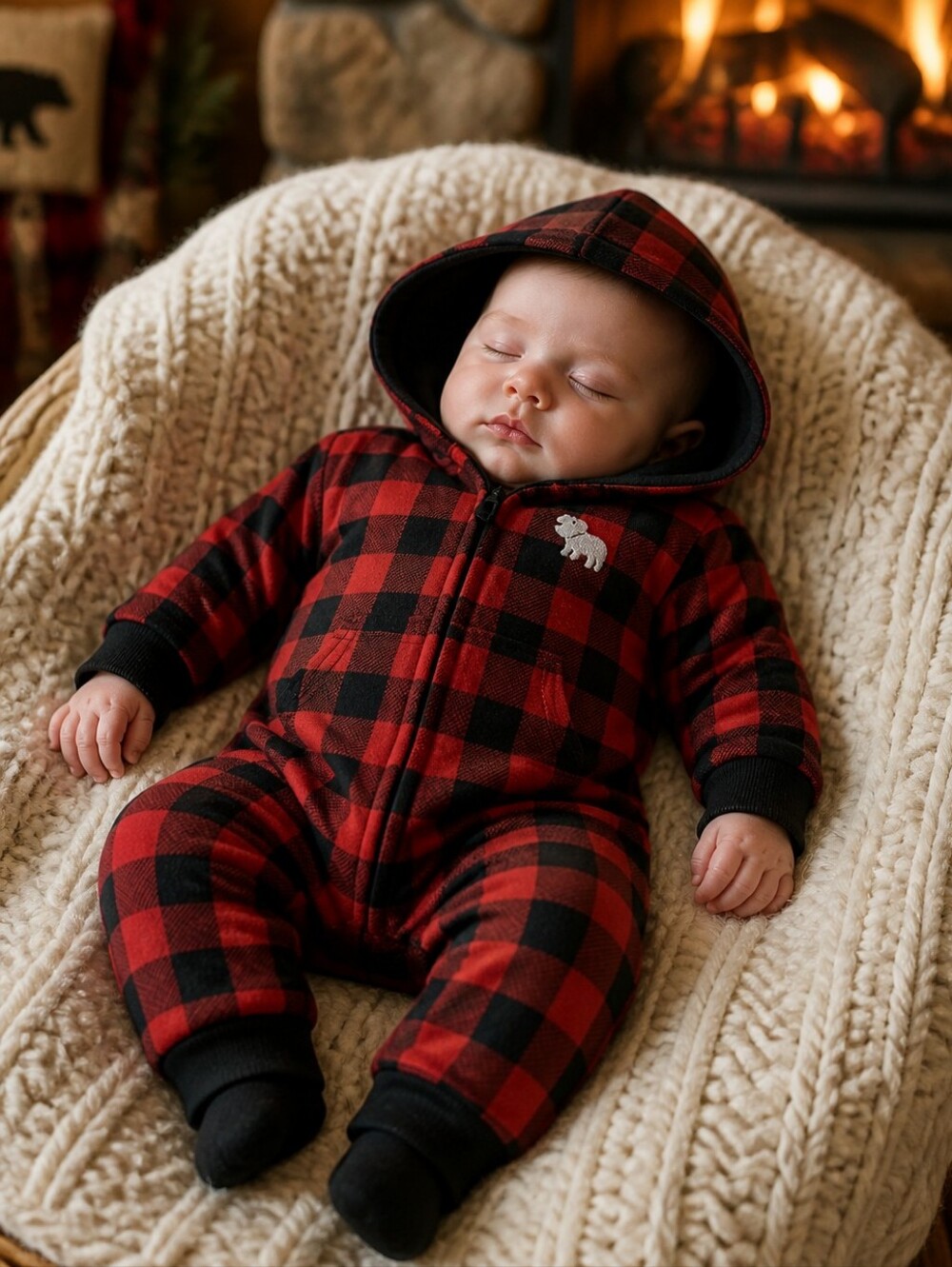 Carter's Baby 6M Buffalo Plaid Fleece Hooded Romper Polar Bear Lumberjack Chic